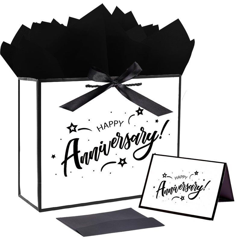 JWSCYSY 12.6" Large White and Metallic Black Happy Anniversary Paper Bag - Image 1
