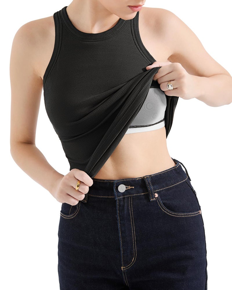 SUUKSESS Women Padded Cotton Ribbed Tank Tops Sleeveless High Neck Racerback Basic Tops(Black, XL) - Image 4