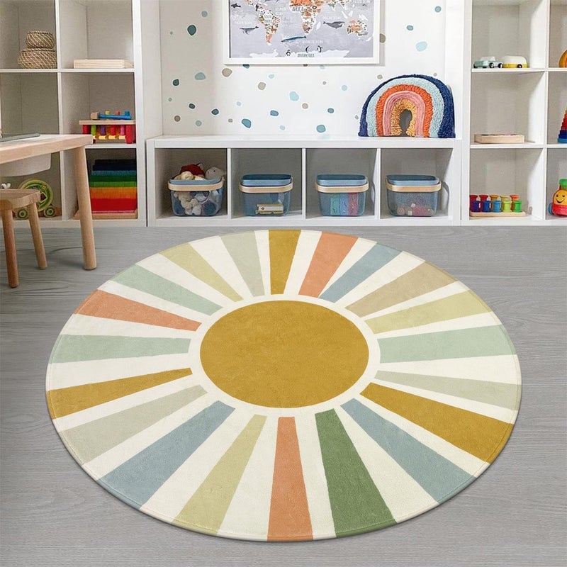 STARUIA Boho Sun Round Area Rug for Living Room, 6 Ft Washable Nursery Rug for Playroom, Colorful Circle Rugs for Kids Bedroom, Non-Slip Circluar Carpet Soft Large Kid Rug for Classroom Dorm - Image 2