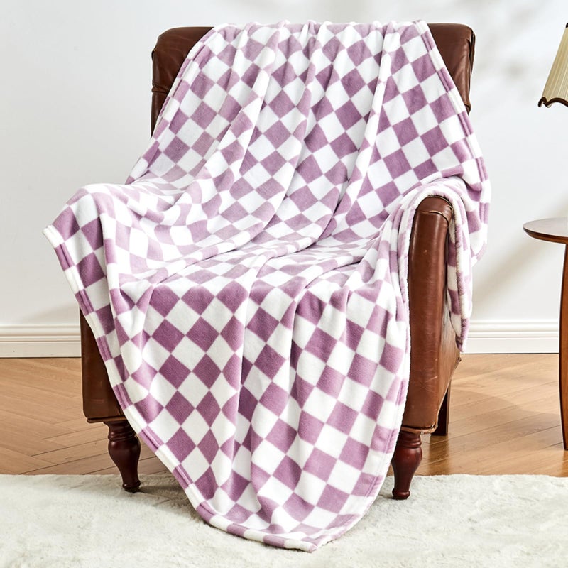 Edenleaf Checkered Blanket Flannel Throw Blankets Soft Cozy Checkered Grid Print Chessboard Gingham Pattern Throws for Bed Sofa Couch for All Seasons 60x80 Inch Purple