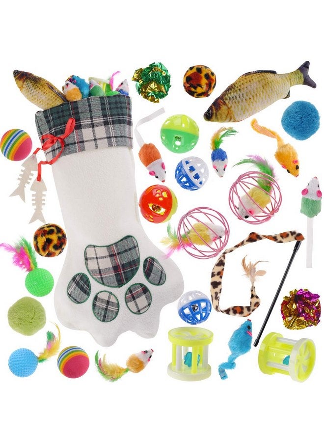 QBSM Cat Christmas Plaid Pet Paw Stockings with 26 Pcs Cat Toys for Cats and Kitten (Cat with 26 Toys) - Image 1