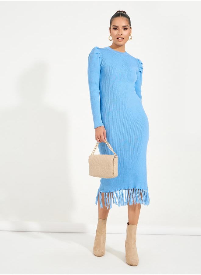 Styli Fringed Hem Sweater Midi Dress with Puff Sleeves  - Image 1
