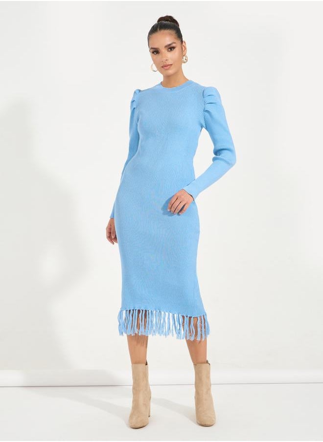 Styli Fringed Hem Sweater Midi Dress with Puff Sleeves  - Image 4