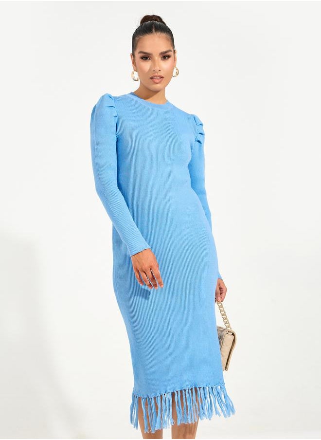 Styli Fringed Hem Sweater Midi Dress with Puff Sleeves  - Image 2