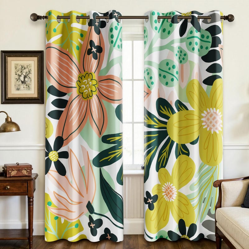 Tyrot Boho Floral 100% Blackout Curtains fo Bedroom 96 inch Long 2 Panels Mid Century Botanical Black Out Curtains for Living Room Grommet Thermal Insulated Room Darkening Window Drapes - Image 1