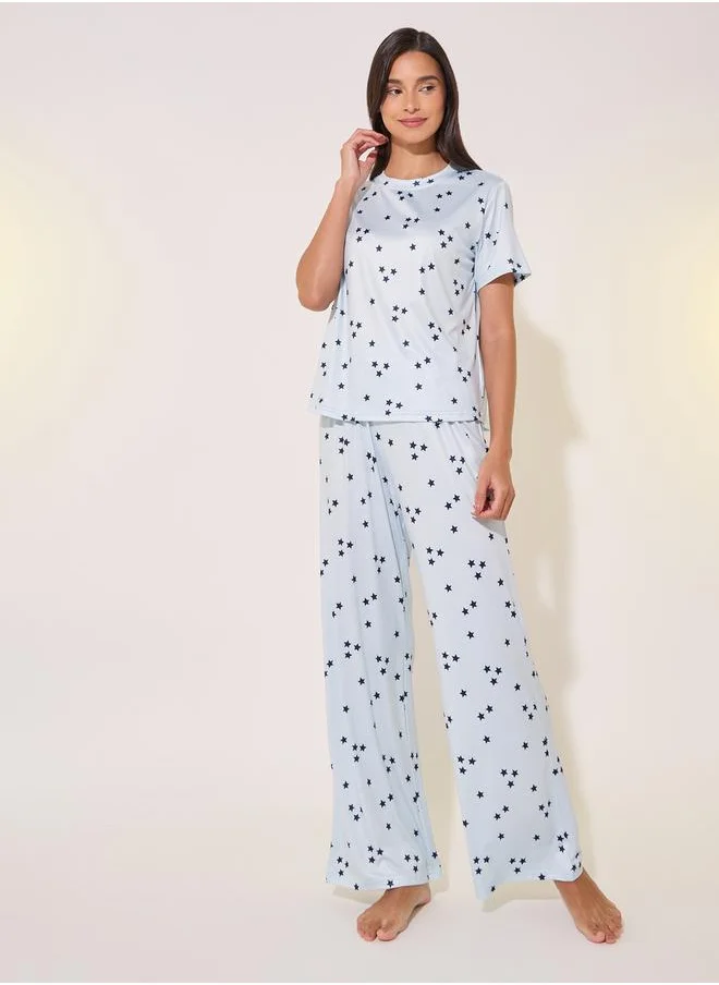 تايك تو All-Over Star Print Round Neck T-Shirt & Pyjama Set