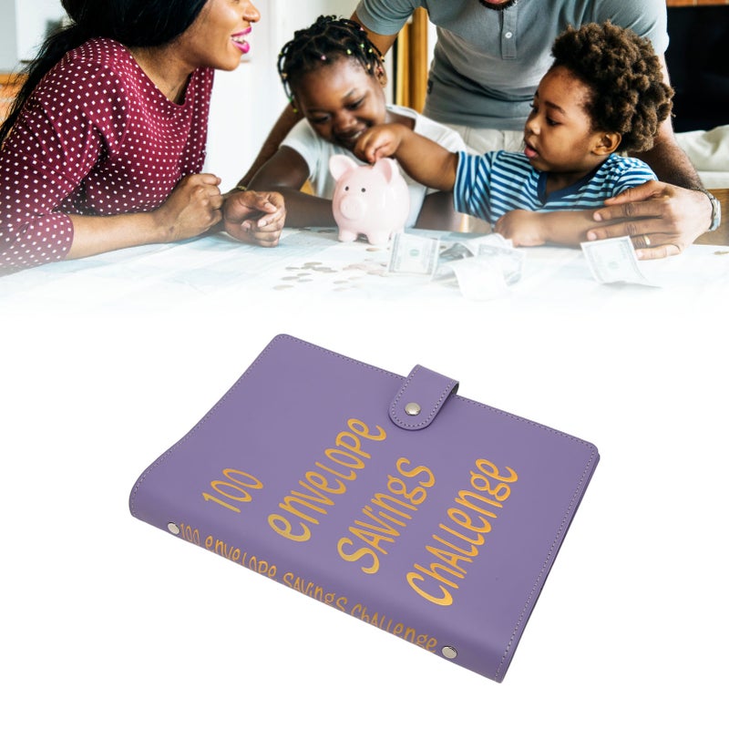 Money Saving Binder Waterproof PU Leather A5 Budget Binder with 100 Cash Envelope for Kids Adults Purple - Image 4