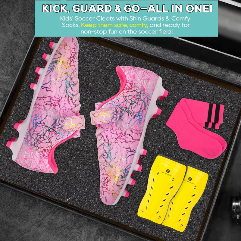 brooman Kids Firm Ground Soccer Cleats Girls Football Cleats with Shin Guards and Soccer Socks (8,Pink) - Image 4