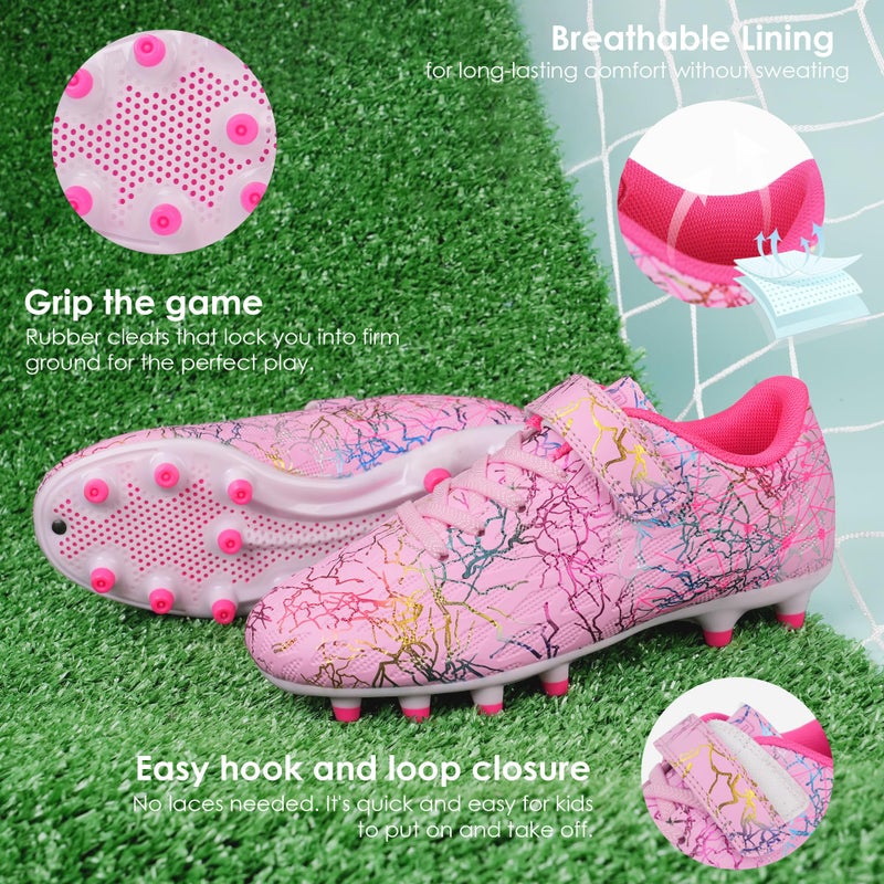 brooman Kids Firm Ground Soccer Cleats Girls Football Cleats with Shin Guards and Soccer Socks (8,Pink) - Image 3