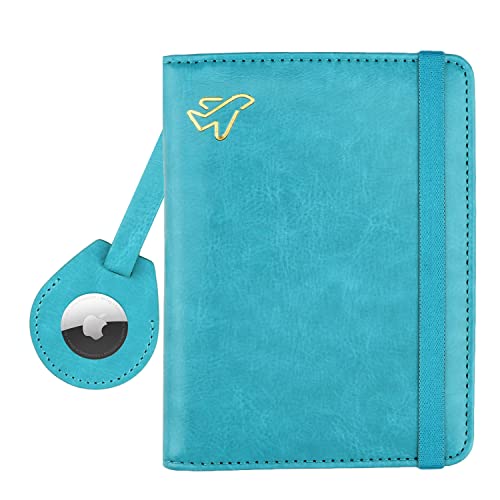 WALNEW AirTag Passport Holder, PU Leather Airtag Wallet RFID Blocking Passport Cover Travel Essentials Case for Women Men (Light Blue) - Image 1