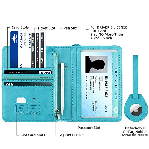 WALNEW AirTag Passport Holder, PU Leather Airtag Wallet RFID Blocking Passport Cover Travel Essentials Case for Women Men (Light Blue) - Image 2