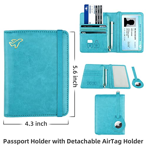 WALNEW AirTag Passport Holder, PU Leather Airtag Wallet RFID Blocking Passport Cover Travel Essentials Case for Women Men (Light Blue) - Image 4