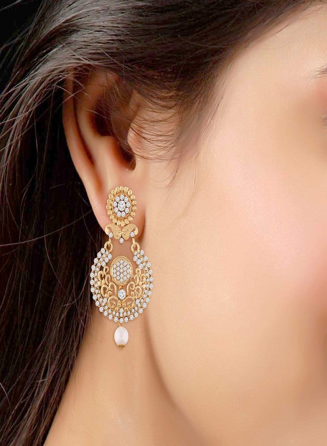 Peora Traditional Jewellery 18K Gold Plated Handcrafted AD Pearl Chandbali Earrings for Women & Girls - Image 2