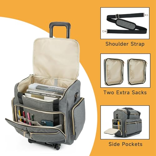 Arxus Rolling Teacher Bag with 4 Wheels, Art Tote Bag for Women with Detachable Dolly, Heavy Duty Briefcase with Padded Sleeves for 15.6” Laptop Grey - Image 3