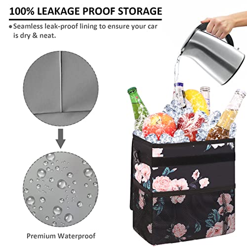 Vankor Car Trash Can for Car Cute, Car Trash Bag Bin Hanging Waterproof Automotive Car Garbage Cans Leak Proof Vehicle Trash Can Black Floral - Image 3