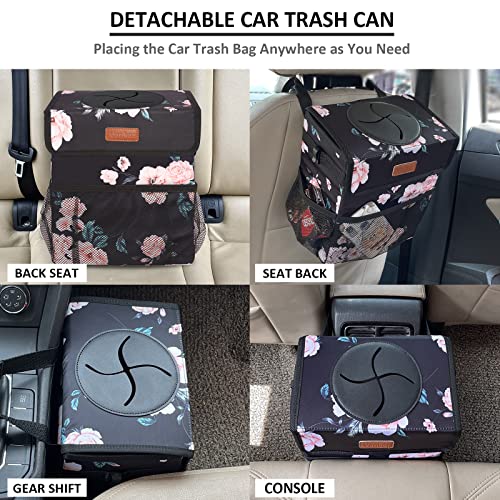 Vankor Car Trash Can for Car Cute, Car Trash Bag Bin Hanging Waterproof Automotive Car Garbage Cans Leak Proof Vehicle Trash Can Black Floral - Image 5