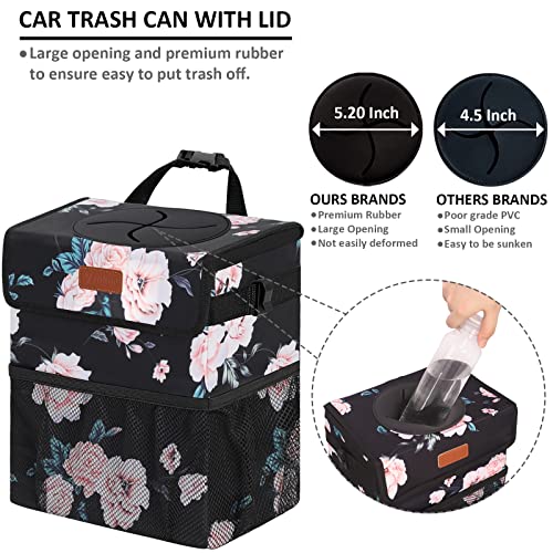 Vankor Car Trash Can for Car Cute, Car Trash Bag Bin Hanging Waterproof Automotive Car Garbage Cans Leak Proof Vehicle Trash Can Black Floral - Image 2