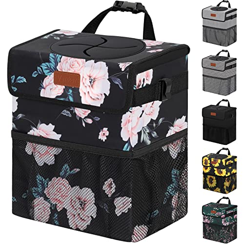 Vankor Car Trash Can for Car Cute, Car Trash Bag Bin Hanging Waterproof Automotive Car Garbage Cans Leak Proof Vehicle Trash Can Black Floral - Image 1
