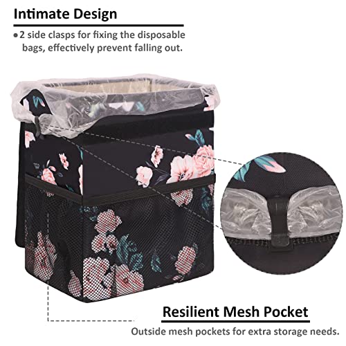 Vankor Car Trash Can for Car Cute, Car Trash Bag Bin Hanging Waterproof Automotive Car Garbage Cans Leak Proof Vehicle Trash Can Black Floral - Image 4
