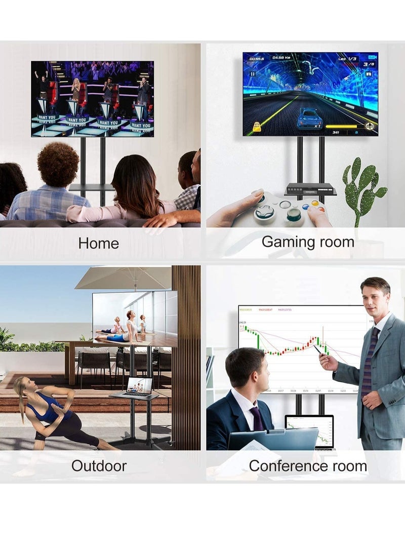 Mobile Rolling TV Cart with Lockable Wheels for 32-65inch LED Screen AV Carts & Stands, Tall TV Stand with Mount Height Adjustable Floor TV Stand Holds Up to 50KG Max VESA 600x400mm