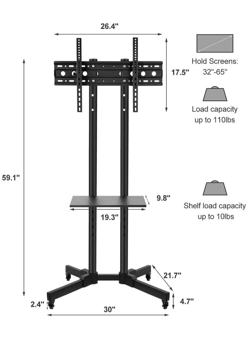 Mobile Rolling TV Cart with Lockable Wheels for 32-65inch LED Screen AV Carts & Stands, Tall TV Stand with Mount Height Adjustable Floor TV Stand Holds Up to 50KG Max VESA 600x400mm
