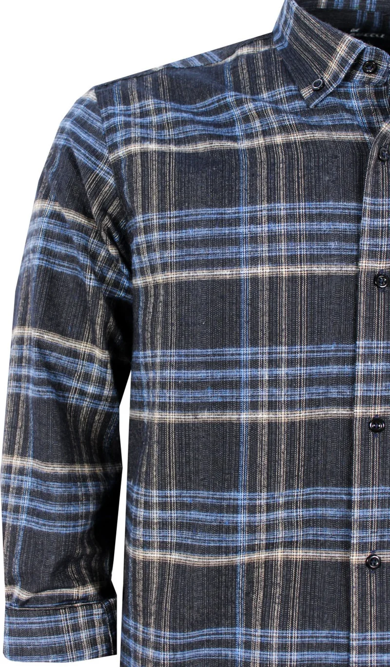 Varetta Men's Black Long Sleeve Checkered Pocket Collar Buttoned Winter Shirt