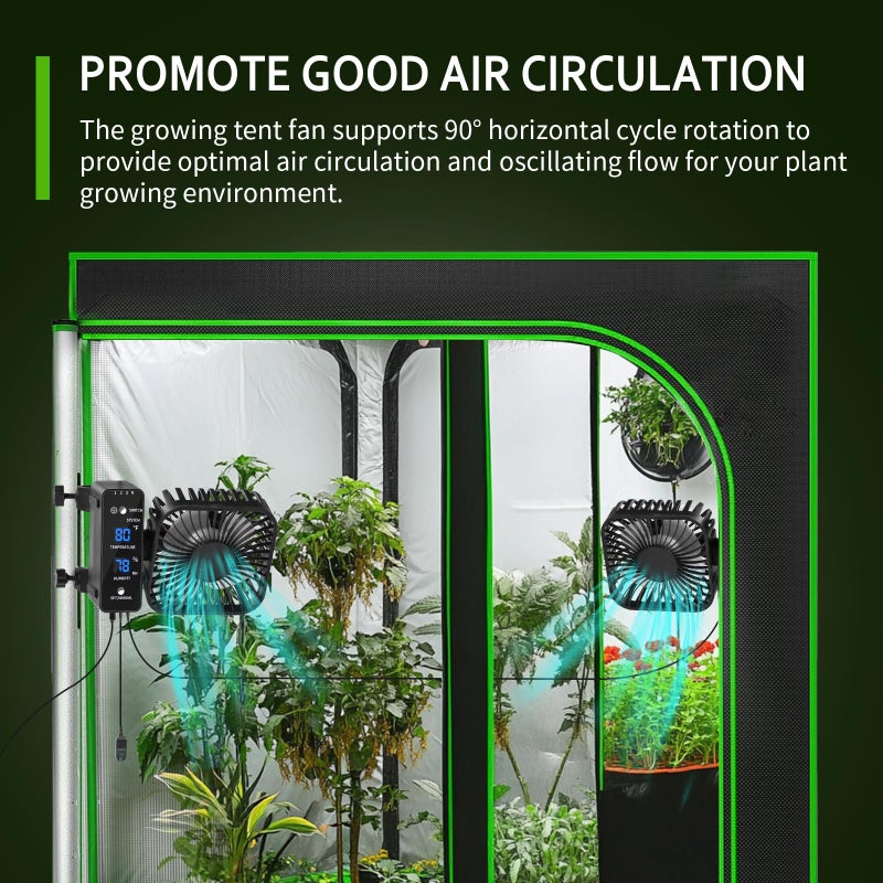DAOTAILI 2-Pack 4â€ Grow Tent Fan With Temperature And Humidity Meter,Automatic Humidity Control,Oscillating Fan For Hydroponic Ventilation Circulation With Clips,Adjustable Speed Quiet Greenhouse - Image 2