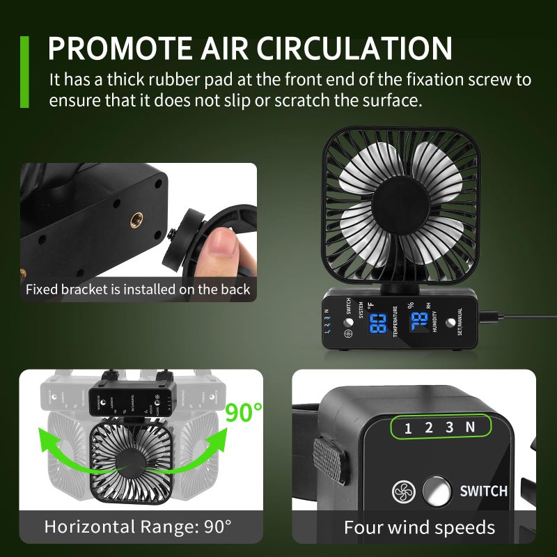 DAOTAILI 2-Pack 4â€ Grow Tent Fan With Temperature And Humidity Meter,Automatic Humidity Control,Oscillating Fan For Hydroponic Ventilation Circulation With Clips,Adjustable Speed Quiet Greenhouse - Image 4