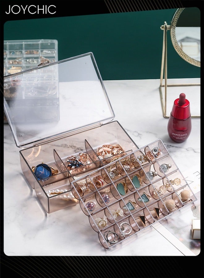 Joychic Plastic Small Jewelry Organizer Clear Acrylic with 2 Drawers and 30 Grid Small Dustproof 2 Layer for Earring & Ring Travel Jewelry Case for Women Girls  - Image 1