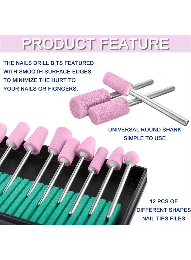 JONMON Nail Art Drill Bits Set - 12 Shapes Abrasive Mounted Stone,3/32" Shank Head Electric Grinding Manicure Nail Tips Files Polish Rotary Bits Tool for Nails Manicures Pedicure Home Salon - Image 3
