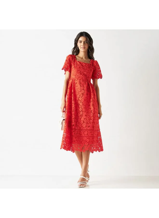 Iconic Iconic Lace A-line Dress with Square Neck and Short Sleeves