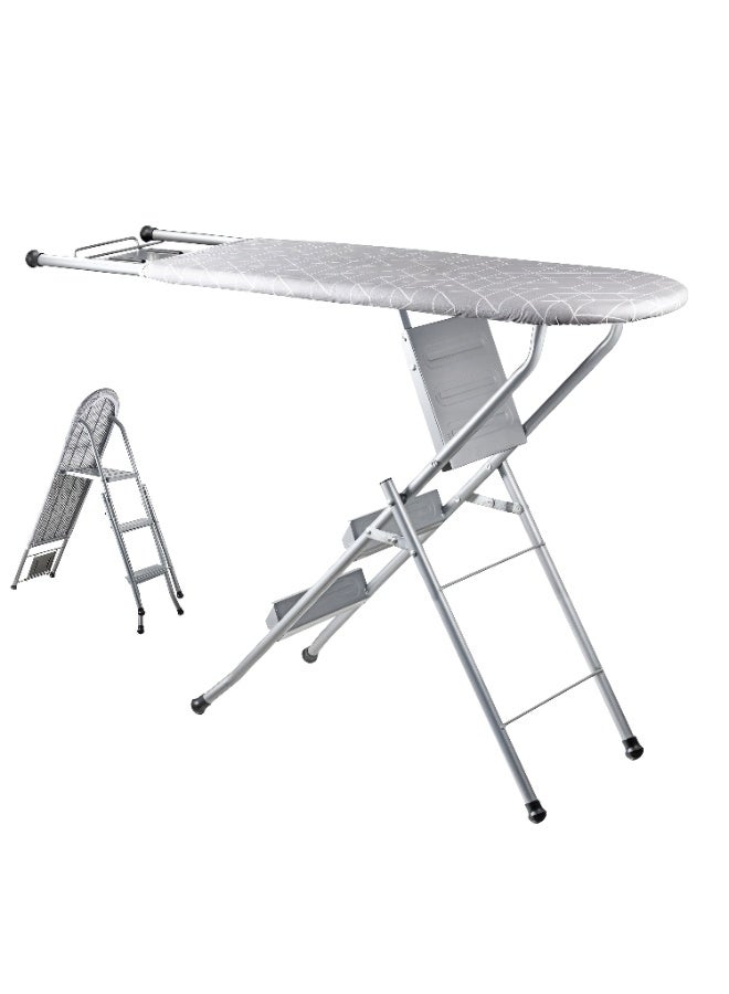 كادي ون لوح كي مبطن بقماش مقاوم للحرارة و سلم من 3 درجات 2 في 1 قابل للطي بإطار ألمنيوم متين متعدد الاستخدامات، سلم معدني يحمل 120 كيلو بأرجل مانعة للانزلاق، طاولة كي بآلية تثبيت آمنه - Image 1