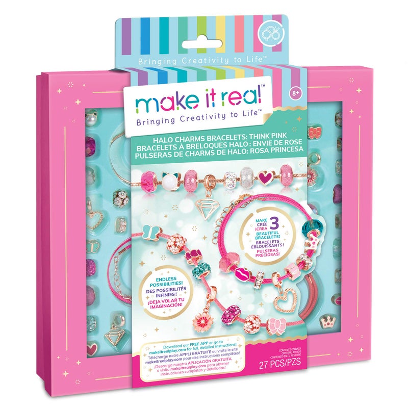 Make It Real - Halo Charms Bracelets Think Pink - DIY Charm Bracelet Making Kit - Friendship Bracelet Kit with Beads, Charms & Cord - Arts & Crafts Bead Kit for Girls - Makes 3 Bracelets - Image 1