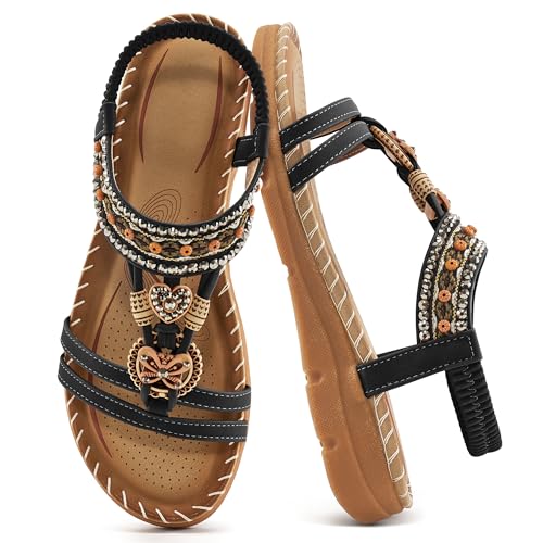 Aomigoct Sandals Women Flat Shoes: Dressy Summer Bohemian Flats Shoes for Women Sandals Comfortable Ankle Strap Outdoor Walking - Image 1