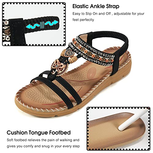 Aomigoct Sandals Women Flat Shoes: Dressy Summer Bohemian Flats Shoes for Women Sandals Comfortable Ankle Strap Outdoor Walking - Image 4