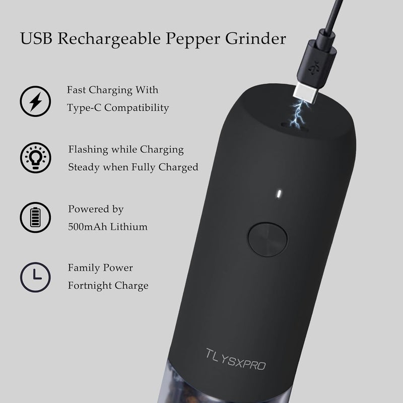 TLYSXPRO Electric Salt and Pepper Grinder Set, USB Rechargeable, Automatic Salt and Pepper Mill Grinder with Adjustable Coarseness, Electric Salt Shakers, LED Light, Refillable (2 Packs, Black&White) - Image 4