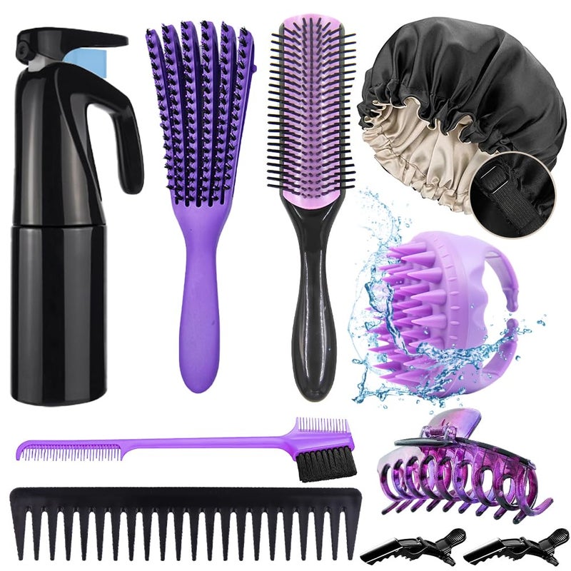 10Pcs Natural Hair Detangling Brush Set with Sleep Bonnet for Curly Afro African Black 3a to 4c Hair  Faster Detangling on Wash Days