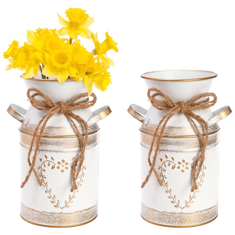Hacaroa 2 Pack Metal Milk Can Rustic Galvanized Vase 75 Inch Shabby Chic Can Jug with Handle Primitive Decorative Flower Vase Mini Pitcher for Home Living Room Kitchen Farmhouse Decoration