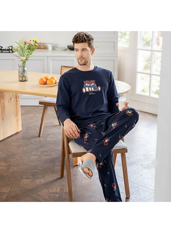 American Standard Pure Cotton Pajamas Autumn Winter Couples Long Sleeve Simple Cartoon 100% Cotton Homewear Set Women Spring Autumn Men Dark Blue 2XL
