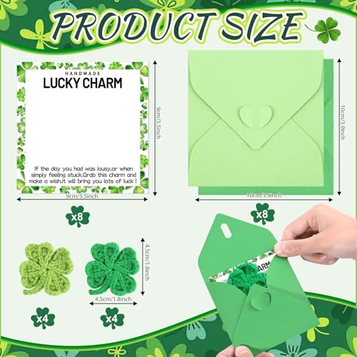 Sanixin 8 Set St. Patrick's Day Lucky Charms Gifts Bulk Crochet Four-leaf Clovers with St Patricks Day Cards Envelope Cute Irish Crocheted Clovers Pocket Hug Token for Women Friend Coworkers Exchange Saint Patricks Day Party Gift Favor Supplies - Image 2