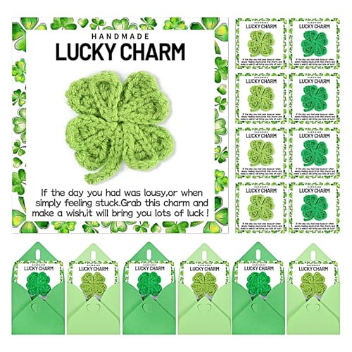 Sanixin 8 Set St. Patrick's Day Lucky Charms Gifts Bulk Crochet Four-leaf Clovers with St Patricks Day Cards Envelope Cute Irish Crocheted Clovers Pocket Hug Token for Women Friend Coworkers Exchange Saint Patricks Day Party Gift Favor Supplies - Image 1