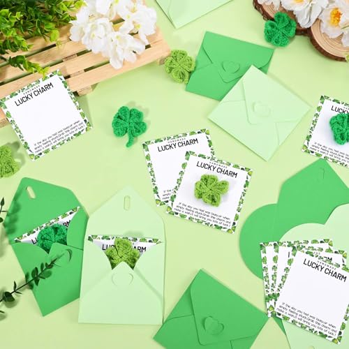 Sanixin 8 Set St. Patrick's Day Lucky Charms Gifts Bulk Crochet Four-leaf Clovers with St Patricks Day Cards Envelope Cute Irish Crocheted Clovers Pocket Hug Token for Women Friend Coworkers Exchange Saint Patricks Day Party Gift Favor Supplies - Image 3