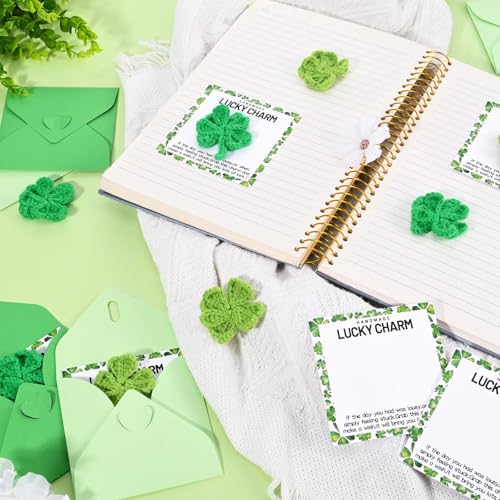 Sanixin 8 Set St. Patrick's Day Lucky Charms Gifts Bulk Crochet Four-leaf Clovers with St Patricks Day Cards Envelope Cute Irish Crocheted Clovers Pocket Hug Token for Women Friend Coworkers Exchange Saint Patricks Day Party Gift Favor Supplies - Image 4