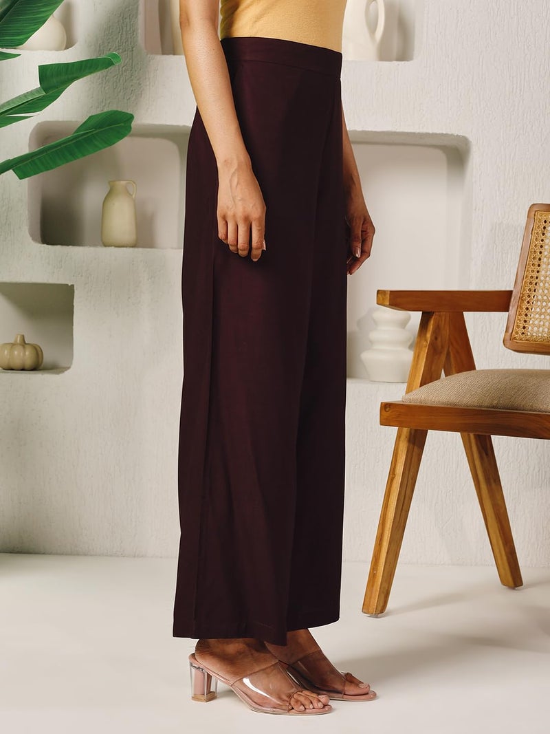 FIORRA Women's Brown Rayon Solid Palazzo BTM019 - Image 3