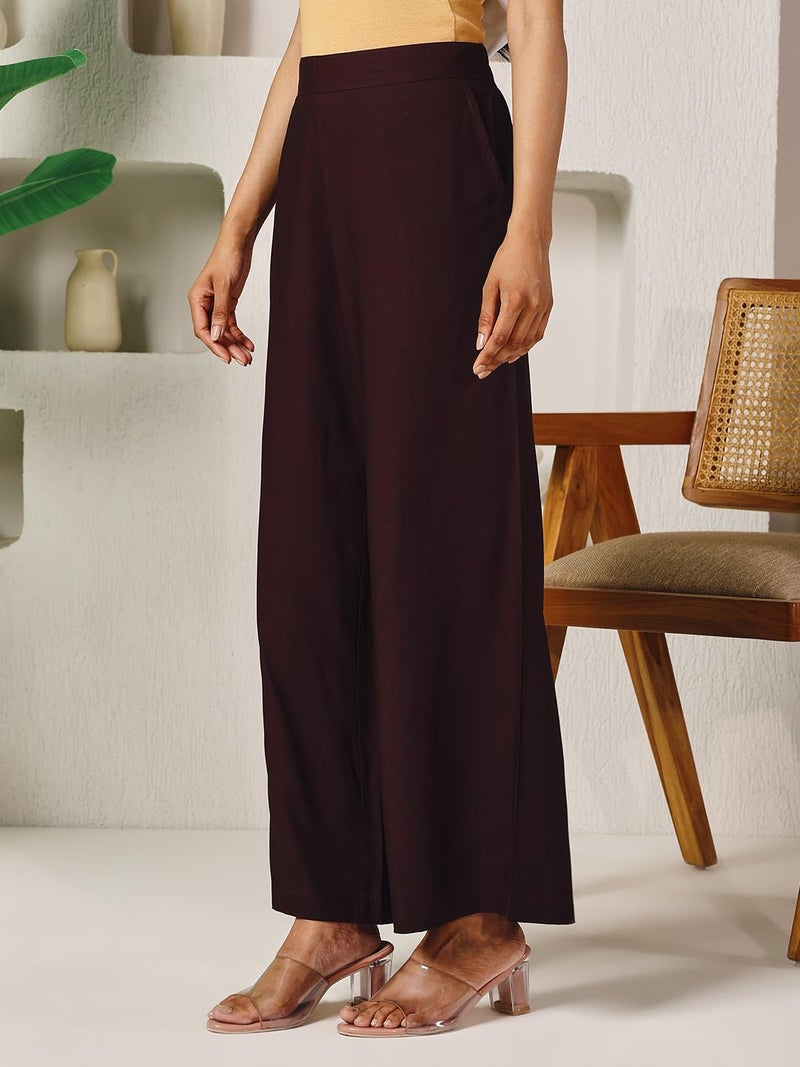 FIORRA Women's Brown Rayon Solid Palazzo BTM019 - Image 2