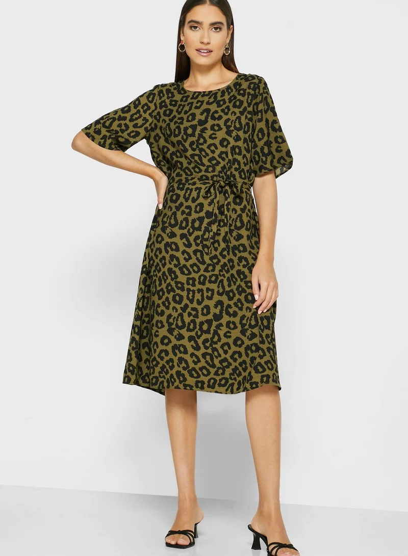 Jacqueline de Yong Tie Waist Leopard Print Dress