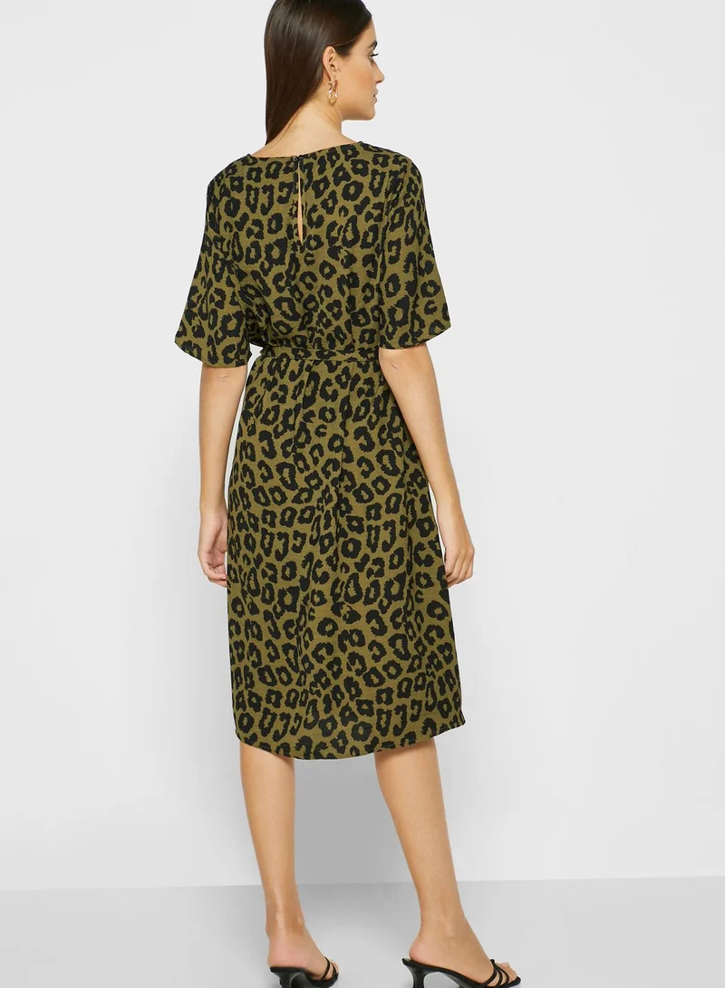 Jacqueline de Yong Tie Waist Leopard Print Dress