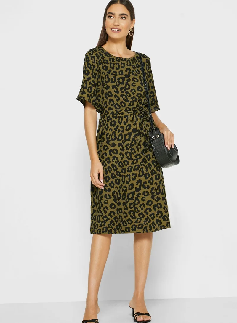 Jacqueline de Yong Tie Waist Leopard Print Dress