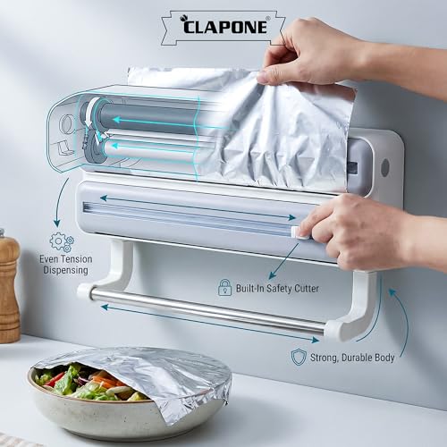 CLAPONE Wrap Organizer with Cutter Plastic Wrap Dispenser 3 in 1 Compatible with Cling Film Paper Towel Holder/Tin Foil and Roti Paper Cutter/Aluminum Foil/Butter Paper/Roti Wrap/Food Wrap Roll-Grey - Image 4