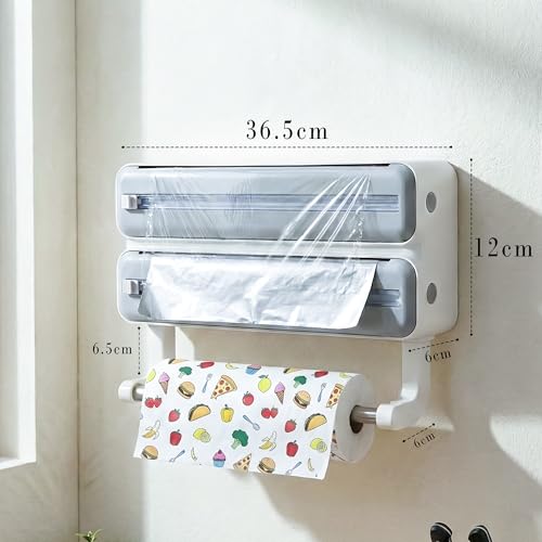 CLAPONE Wrap Organizer with Cutter Plastic Wrap Dispenser 3 in 1 Compatible with Cling Film Paper Towel Holder/Tin Foil and Roti Paper Cutter/Aluminum Foil/Butter Paper/Roti Wrap/Food Wrap Roll-Grey - Image 2